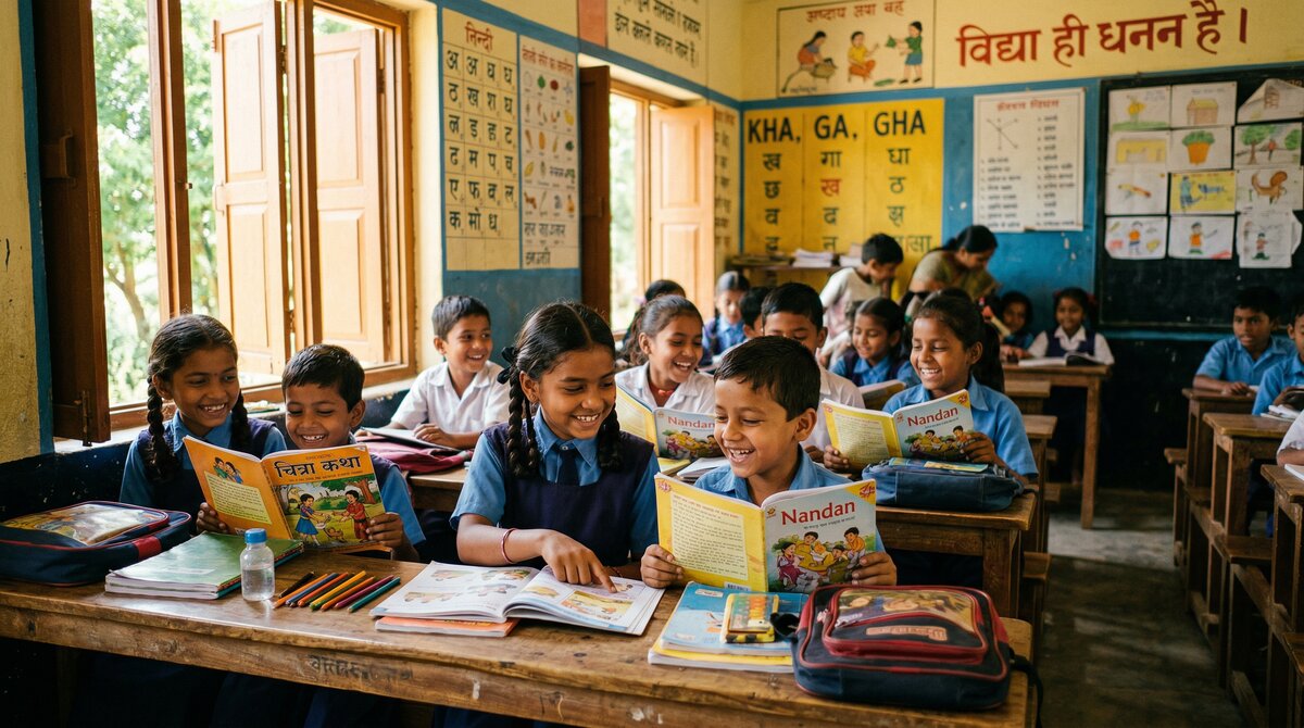 Children studying in a classroom in India