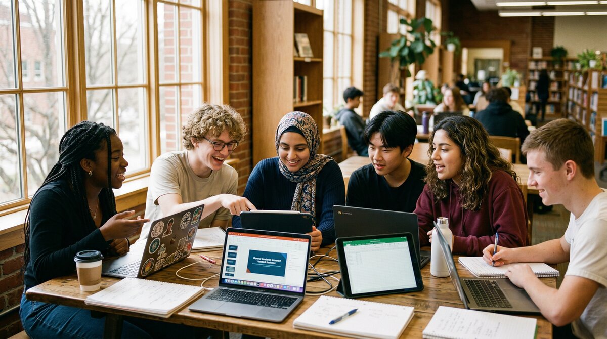 Diverse students collaborating on laptops at a table